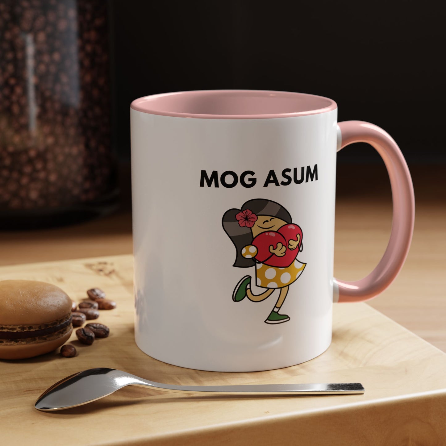 Mog Asum Coffee Mug — Cute Cartoon Girl Holding Heart Accent Mug (11oz)