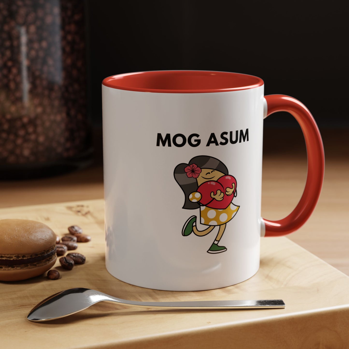 Mog Asum Coffee Mug — Cute Cartoon Girl Holding Heart Accent Mug (11oz)