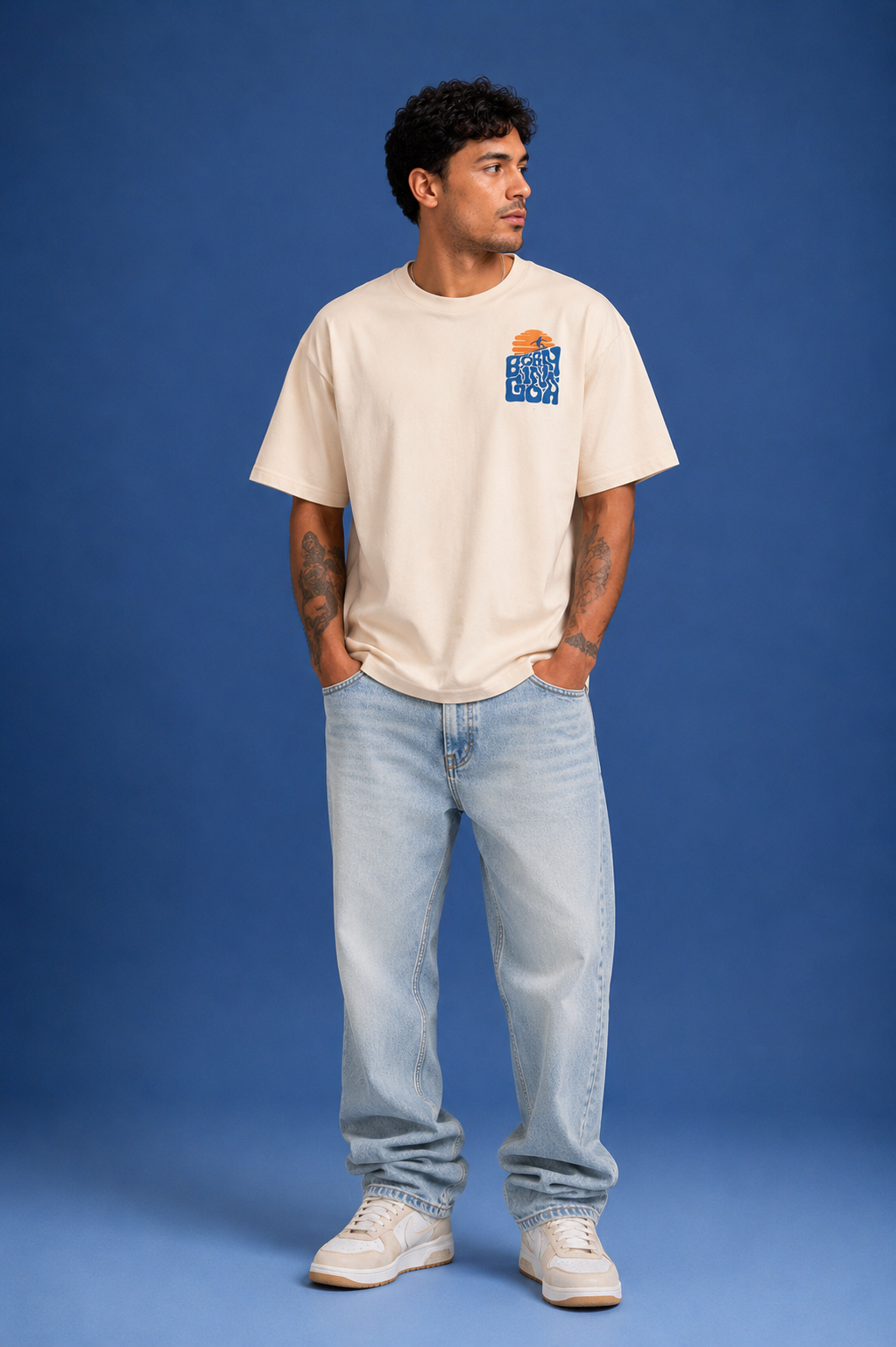 Born in Goa – Surf Life | Premium Oversized Tee – Beige