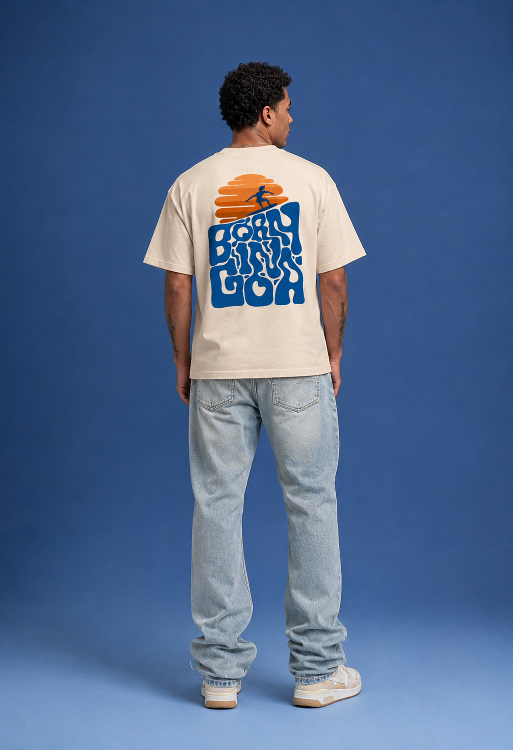 Born in Goa – Surf Life | Premium Oversized Tee – Beige