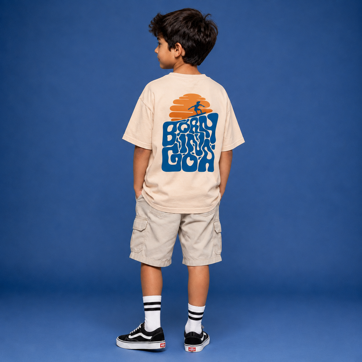 Born in Goa – Surf Life | Premium Oversized Tee – Beige (Kids)
