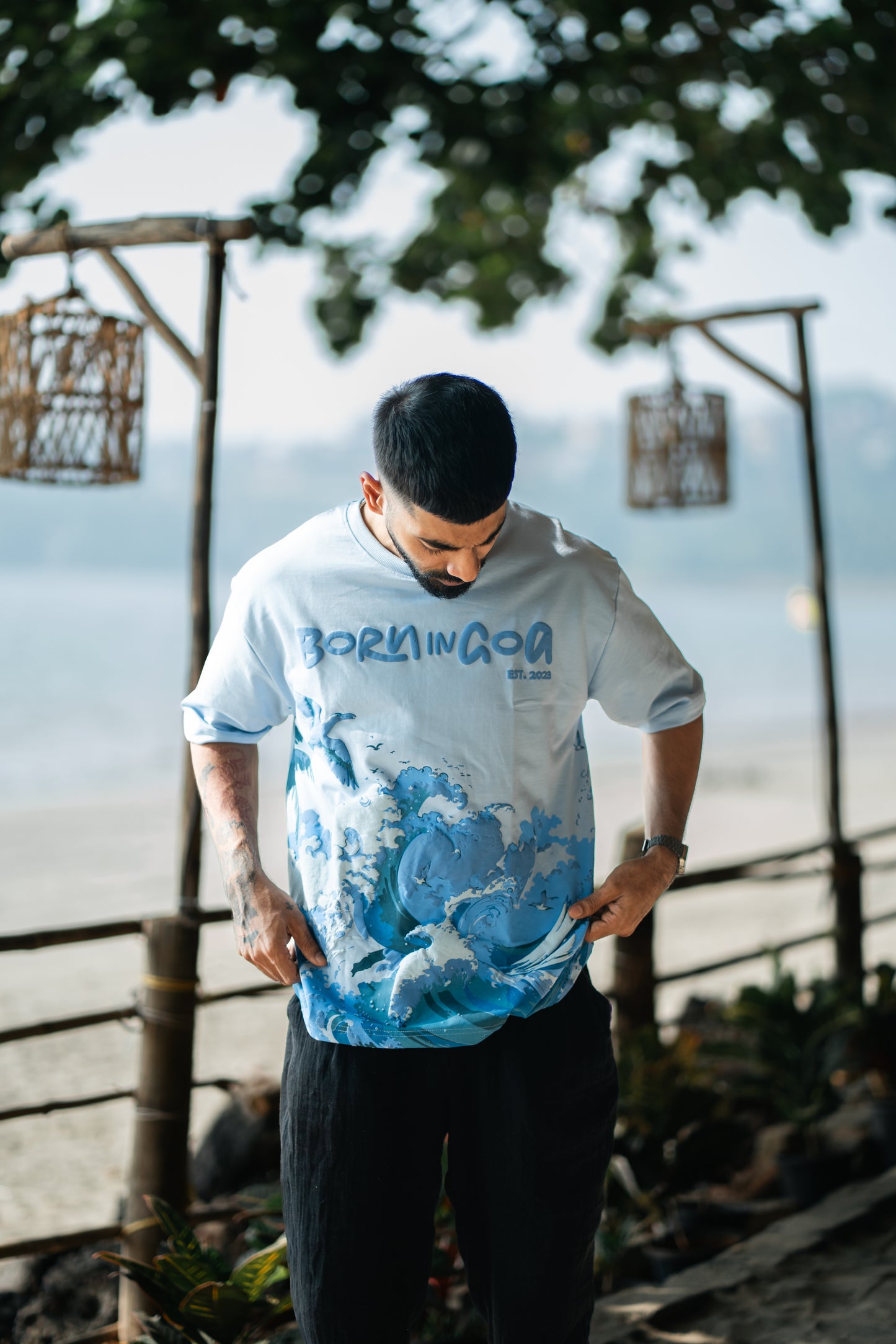 Born in Goa Sand and Sea puff print oversized t-shirt (Pale Blue)