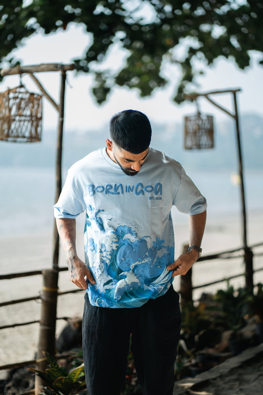Born in Goa Sand and Sea puff print oversized t-shirt (Pale Blue)
